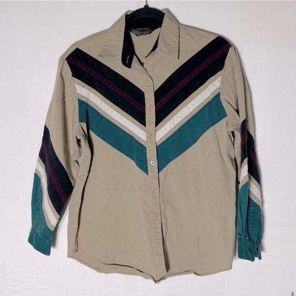 Vintage Spindle River Beige Teal Long Sleeve Button Up Shirt M - Picture 15 of 15